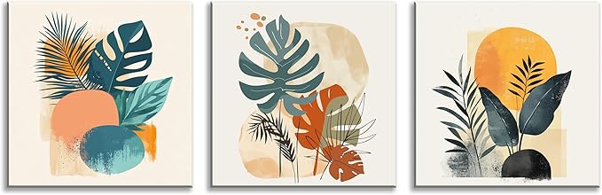 NAN Wind 3 Panels Modern Abstract Tropical Canvas Wall Art Colorful Leaf Prints Contemporary Botanical Art for Living Room Minimalist Plant Decor Geometric Palm & Monstera Leaf Paintings Home Decor