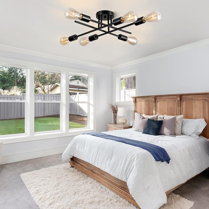 Sputnik Chandeliers, Modern Semi Flush Mount Ceiling Light with E26 Base, Mid Century Industrial Kitchen Farmhouse Light Fixtures for Bedroom Living Room (Black, Ceiling 6 Lights (Lengthen))