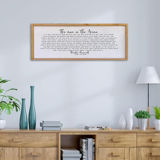 Surfapans The Man In The Arena Wall Decor 32"x12" Morden Office Motivational Wood Framed Sign For Men Large Farmhouse Living Room Inspirational Quotes Positive Speech Home Wall Decoration (Wood)