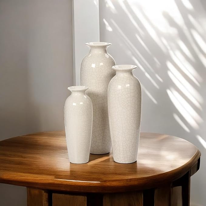 Hosley Set of 3 Crackle Ivory Ceramic Vases. Ideal Gift for Floral Arrangements Wedding or Special Occasions for Use in Home Office Decor Spa Aromatherapy Settings