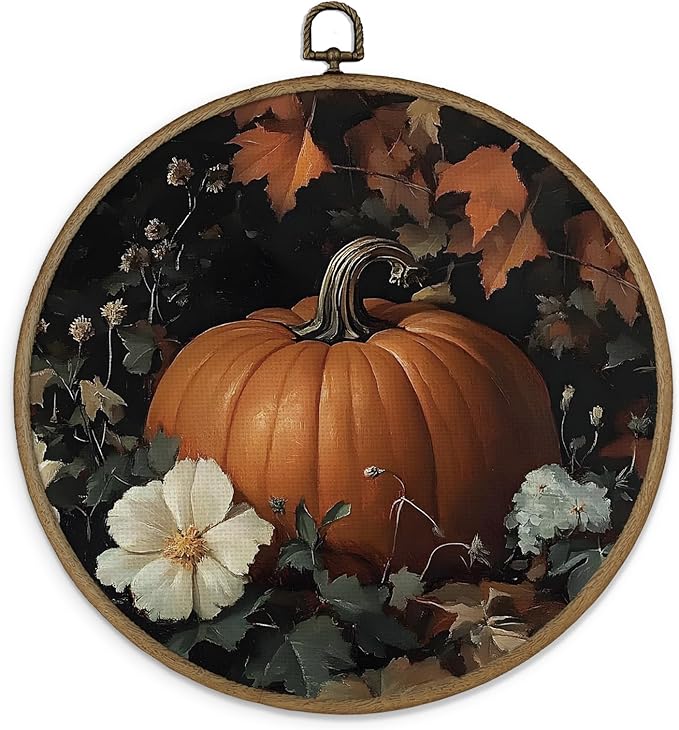Gnmduw Fall Pumpkin Wall Art Framed, Pumpkin Wall Decor, Rustic Fall Thanksgiving Pumpkins Round Hanging Wall Decor, Halloween Pumpkin Canvas Prints Art for Cottage Core Living Room Bathroom,10x10 In