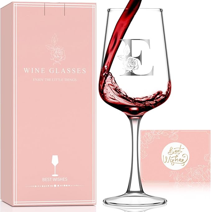 Monogrammed Wine Glass Gifts for Women - Personalized A-Z Wine Glasses with Gift Box & Greeting Card | Custom Mothers day, Anniversary, Birthday Gifts for Her, Mom, Wife, Best Friend, Sister,Woman (E)