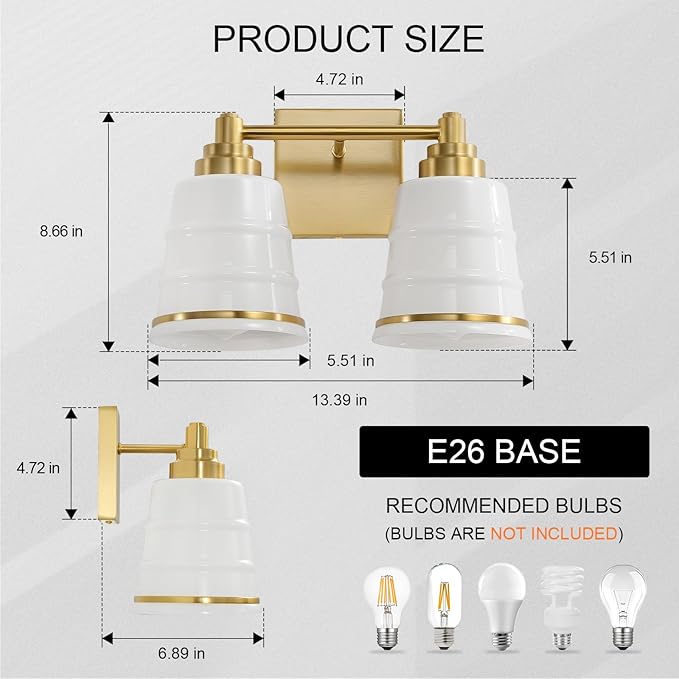 Gold Bathroom Vanity Light Fixture, 2 Light Bathroom Light Fixtures Over Mirror with Milky White Glass and Metal Base Wall Sconce,13.4 inch Modern Vanity Light for Bathroom (Exclude E26 Bulb)