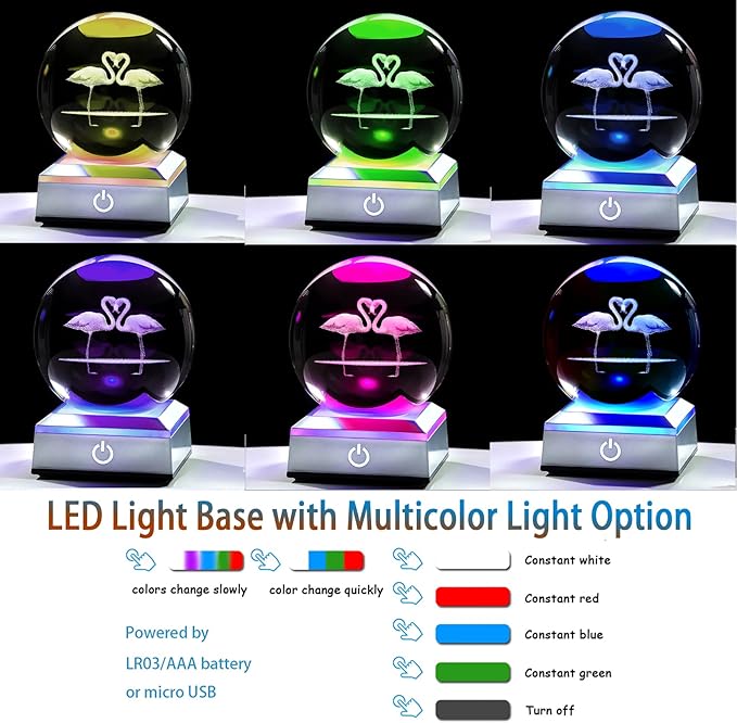 Ornalrist Flamingo Gifts for Women - 3D Crystal Ball 3.15'' with Multicolor Led Light Base - Flamingo Gifts for Kids, Girls - K9 Crystal Ball with LED Base Night Light Home Office Decor