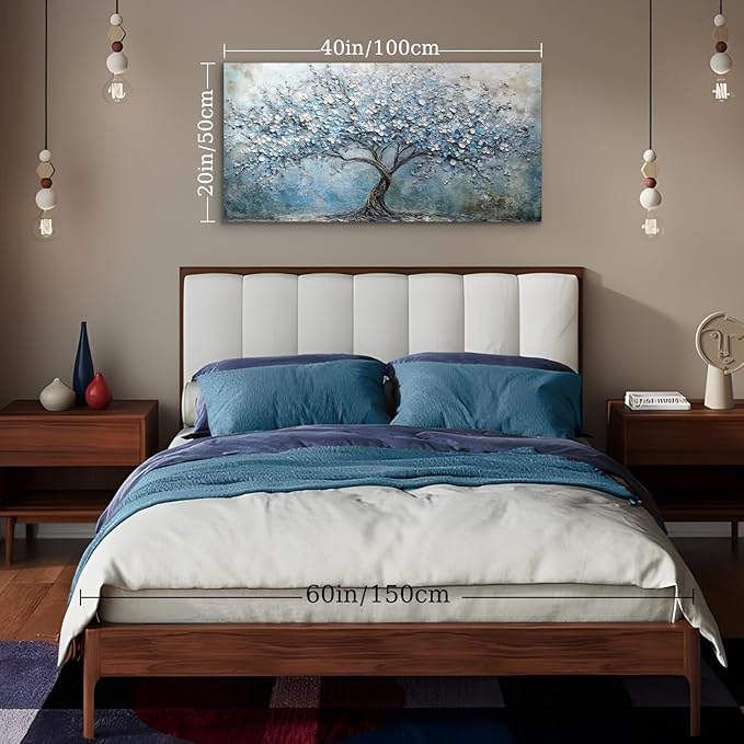 crmotu Tree of Life Large Wall Art, Cherry Blossom Abstract Canvas Painting, Blue Flowers Tree Art Prints, Modern Neutral Aesthetic Pictures Wall Decor Living Room Bedroom Bathroom Office 20"X40"