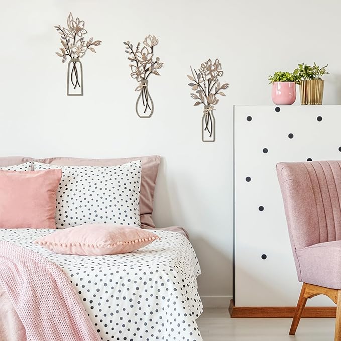 ARTINME 3 Pieces Metal Flowers Wall Arts - Rustic Farmhouse Decor Minimalist Flower Wall Decors for Living room Bathroom Kitchen Bedroom Dining Room - Housewarming Gifts (Brown)