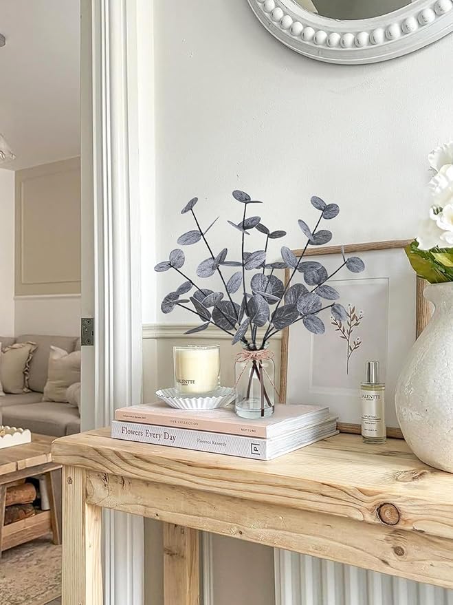 Artificial Eucalyptus Stems in Glass Vase with Faux Water, 14" Fake Plants for Home Decor, Coffee Table Centerpieces, Office, Bathroom & Farmhouse Weddings - Faux Plants Decorations