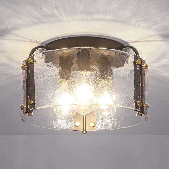 TOULMJ 15'' Semi Flush Mount Ceiling Light, Black Morden Hallway Light Fixture 3-Light Ceiling Light Fixture with Seeded Glass Shade for Dining Room Hallway Entryway Bedroom Laundry Room