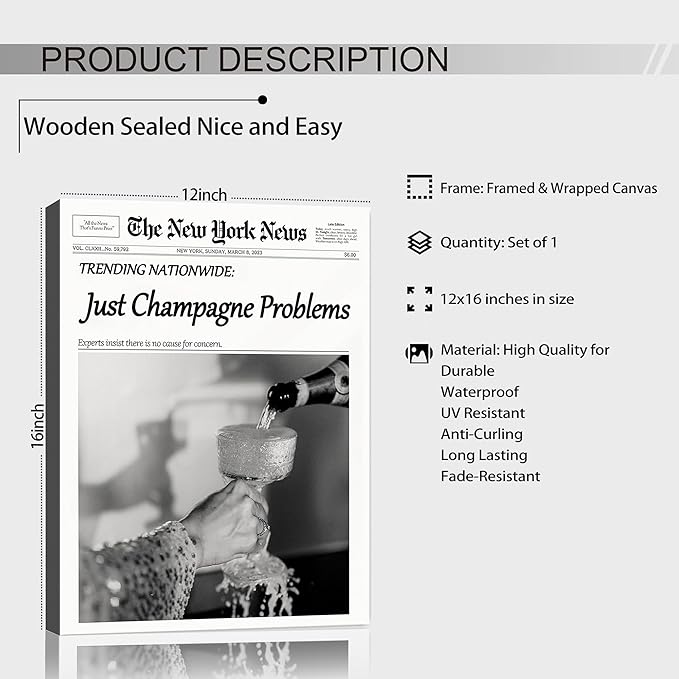 Champagne Problems Newspaper Framed Wall Art,Trendy Retro Black and White Wall Art for Bar Cart Bathroom Apartment Kitchen Dorm Dining Decor Funky Vintage Celebrate Poster for Home Wall Artwork 12x16