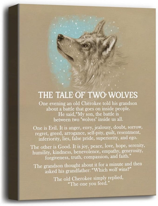 Wolf Poster, The Tale of Two Wolves, Canvas Wall Art Inspirational Quote Decor, Wolf Décor, Wolf Gifts, Canvas Prints Poster Wall Art (Khaki)
