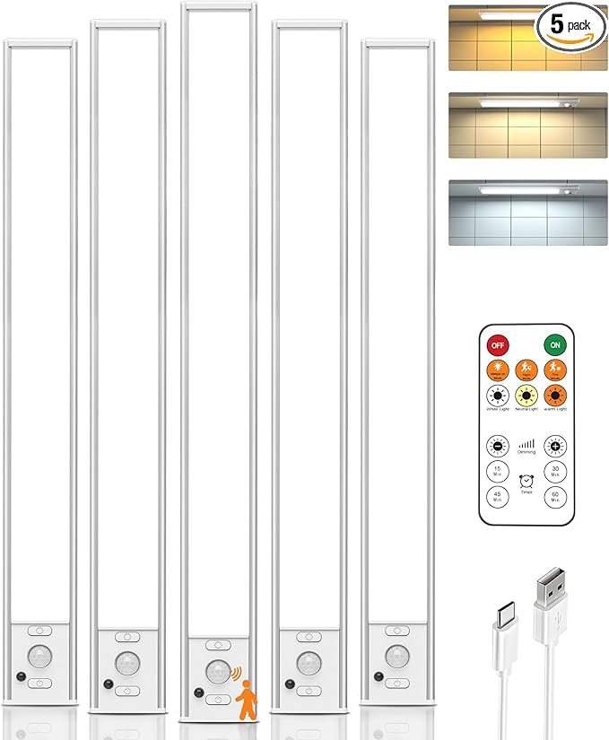 Under Cabinet Lights,80 LED Motion Sensor Light Indoor,4000mAh USB Rechargeable Closet Lights with Remote Control,3 Color Temps Wireless Under Counter Lights for Bedroom,Kitchen,Stairs,5 Pack
