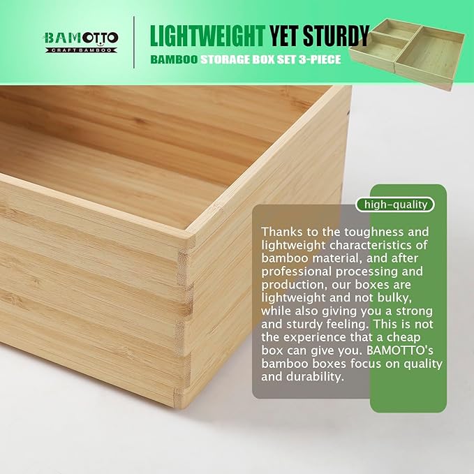 3-Piece Large Bamboo Storage Box Set, 3.9 in High, Stackable Deep-Drawer Organizer for Kitchen Cutlery, Cookware, Utensils & Knives, Lidless Wooden Bin (14.6"x10.2"*1+10.2"x7.3"*2)