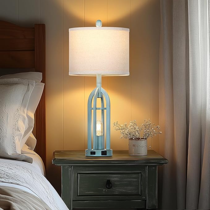 27" Farmhouse Table Lamps for Living Room,Blue Vintage Lamps Set of 2 with USB A+C Charging Ports & AC Outlet, Retro Nightstand Lamp with Fabric Shade for Bedroom, Entryway(4 Bulbs Included)