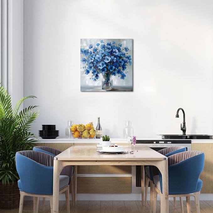 AoArtWZ Flower Canvas Wall Art White and Blue Flowers Pictures Artwork Abstract Floral Rustic Farmhouse Painting Prints for Home Decoration Framed 24" x 24"