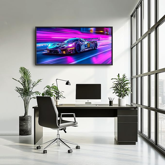 Flintis Large Racing Car Framed Wall Art Neon Race Supercar Pictures Wall Decor Abstract Colorful Car Canvas Painting Print Artworks Decor Framed for Living Room Bathroom Master Bedroom 60L X 30W