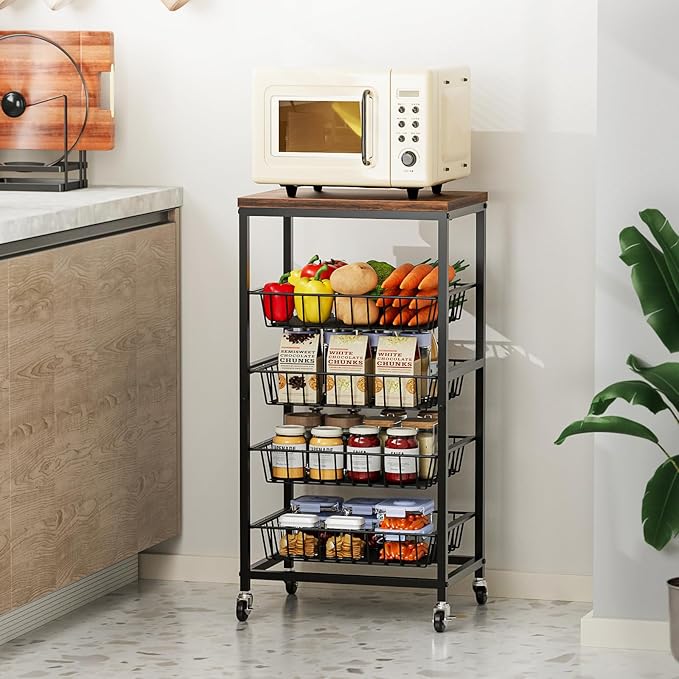 Fruit Vegetable Cart, 5-Tier Snack & Kitchen Cart on Wheels with Storage, Pull-Out Baskets & Wood Top, Rolling Organizer for Pantry, Living Room (Brown)