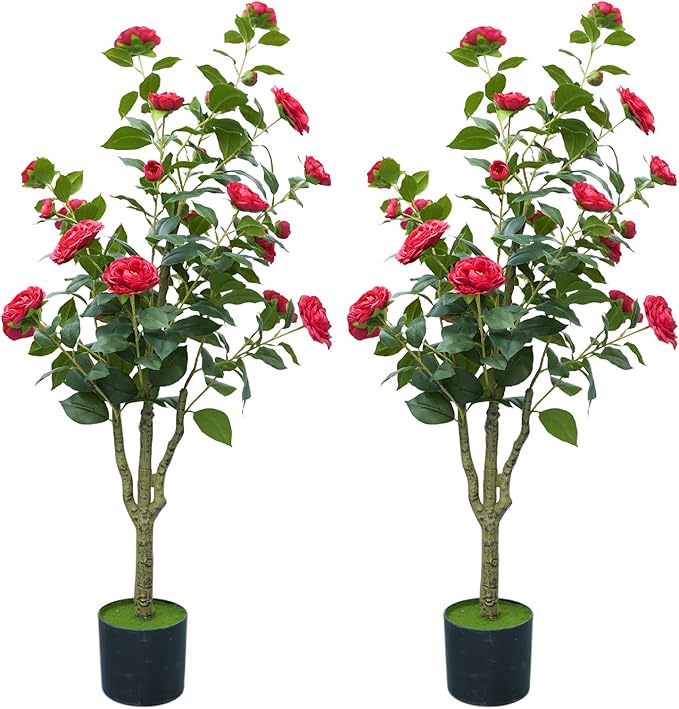 4ft Artificial Camellia Tree with White Silk Flowers - Realistic Faux Flowering Plant for Indoor/Outdoor Decor, Home Staging & Wedding Centerpieces, Set of 2-Red