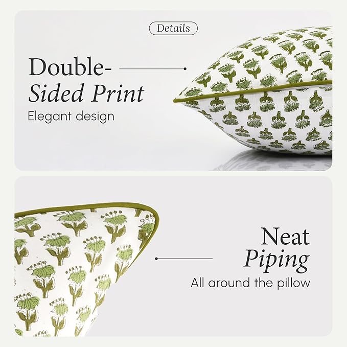 CPC 100% Cotton Throw Pillow Covers 18x18 Inch, Set of 2 Green Block Print Pattern Couch Pillow, Cute Boho Decorative Pillows for Living Room, Bedroom with Hidden Zipper- Emerald Green
