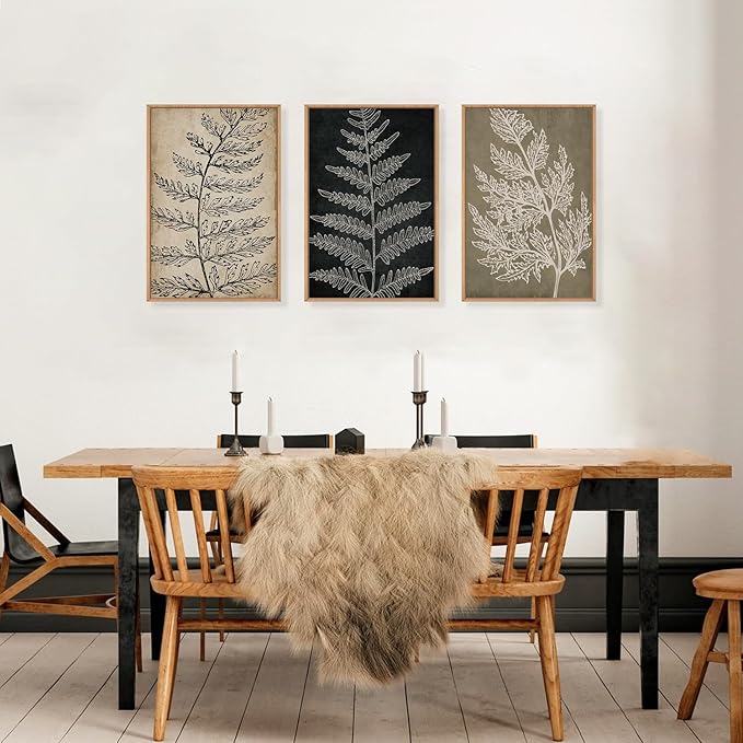KAIRNE Botanical Fern Leaf Framed Wall Art set, Rustic Farmhouse Plant Wall Decor, Minimalist Black Tan Fern Leaf Wall Painting, Boho Modern Artwork for Living room, Bedroom, Farmhouse, 24"x36"x3