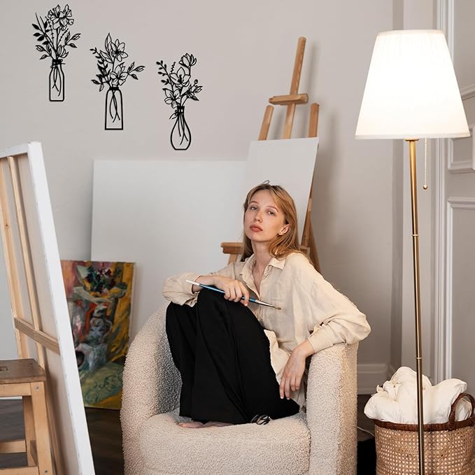 ARTINME 3 Pieces Metal Flowers Wall Arts - Rustic Farmhouse Decor Minimalist Flower Wall Decors for Living room Bathroom Kitchen Bedroom Dining Room - Housewarming Gifts (Black)