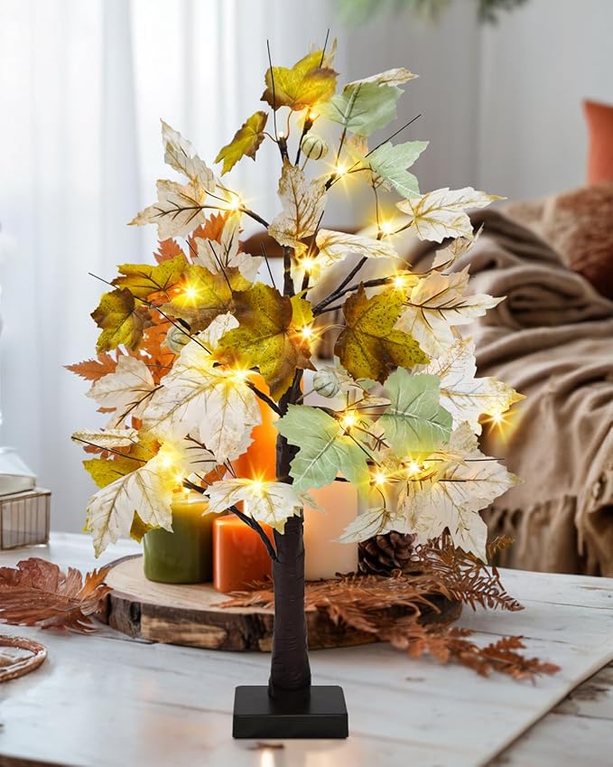 Uieke 2 Packs 24inch Artificial Lighted Fall Maple Tree 48 LED Fall Decor Table Lights with 6 White Pumpkins Battery Operated Timer, Fall Decorations or Home Thanksgiving Autumn Harvest (Green White)