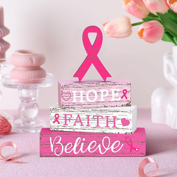 Geelin 4 Pcs Breast Cancer Awareness Wooden Table Centerpiece Decorations Blocks Tiered Tray Decor Fight Cancer Theme Pink Ribbon Table Top Sign for Home