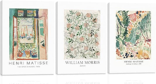 WRFON Sage Green Botanical Wall Art, Vintage Matisse Flower Market Wall Decor, Retro William Morris Floral Canvas Painting Prints for Gallery Wall, Living Room Bedroom Framed 12"x16"x3