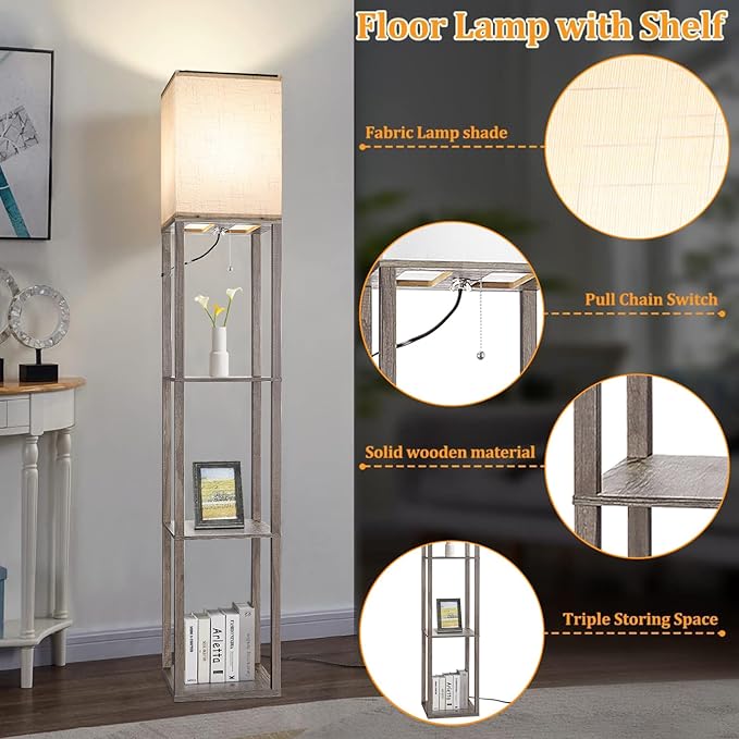 Floor Lamp with Shelves，Wood Corner Floor Lamps for Living Room Tables with 3 CCT LED Bulb,Modern Display Bookshelf Nightstand Lamps,Column Standing Lamp for Bedroom Office Home Decor-Rustic Wood