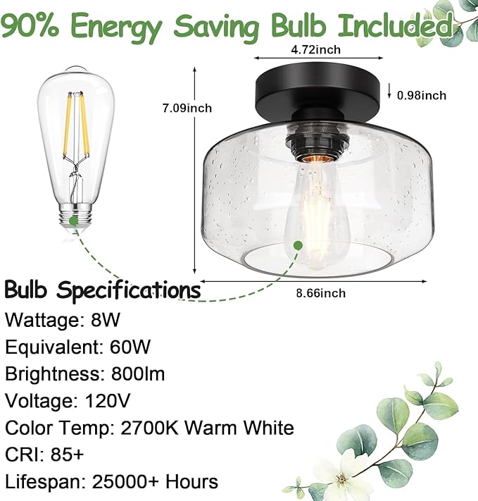 Industrial Semi Flush Mount Ceiling Light, 800 Lumen LED Bulb Included, Seeded Glass Shade Farmhouse Light Fixture for Hallway Corridor Kitchen Bathroom Bedroom Passway