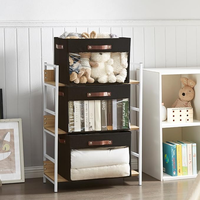 Extra Large Storage Baskets with Clear Window, See Through Closet Organizer with PU Handles, Linen Foldable Storage Bins for Organizing Clothes, Toys, Books (Black)