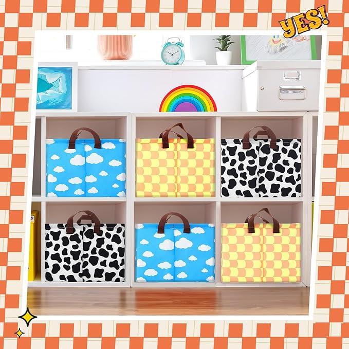 3 Pack Storage Baskets Waterproof Canvas with Leather Handles Storage Bins Basket Organizer Collapsible for Closet Clothes Room Decor(Black, Yellow, Blue,Cartoon)