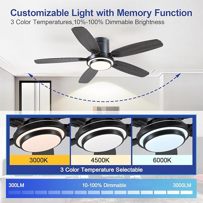 Low Profile Ceiling Fan with Lights and Remote/APP, 50 Inch Modern Flush Mount Ceiling Fan with 3CCT 6-Speeds Quiet DC Motor,Dimmable 3-Color Temperatures for Living Room Bedroom(Black)