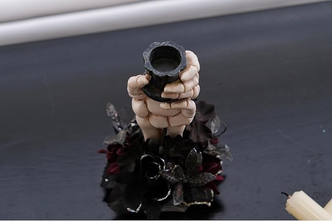 Halloween Candle Holder, Resin Skeleton Hand Candlestick with Black Faux Flower, Halloween Decor for Home Table, 7" Height