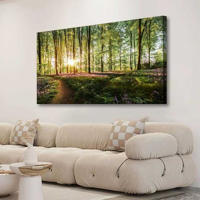 Green Forest Wall Art for Living Room Bedroom Office Large Landscape Nature Tree of Life Canvas Wall Art Kitchen Sunlight Grass Purple Flower Pictures Modern Wall Decor Paintings Artwork 20 * 40inch