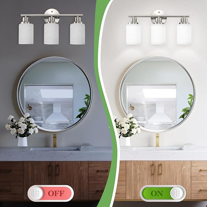 3-Light Bathroom Light Fixtures, Vanity Lights for Mirror with Textured Milky White Glass Shade, Modern Kitchen Light Fixtures Wall Sconce Light - E26 Base - Brushed Nickel