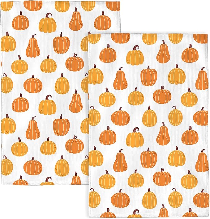 Fall Kitchen Towels 16x24 Inch Burnt Orange Yellow Pumpkin Decor Dish Towels Autumn Harvest Thanksgiving Seasonal Decoration Hand Towel Absorbent Dish Cloths for Home Kitchen Dining Set of 2