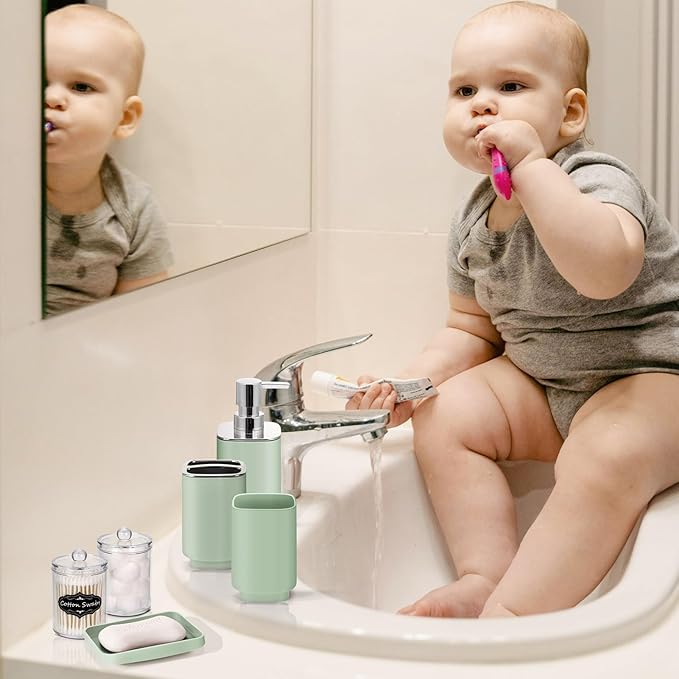 IMAVO Bathroom Accessories Set,Green Bathroom Set,9 Pieces Bathroom Accessory Set,Qtip Holders,Trash Can for Bathroom Décor and Home Gifts