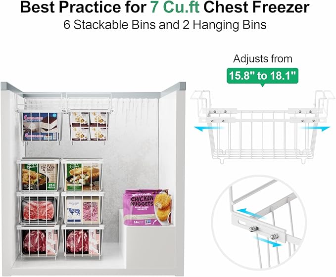 iSPECLE Freezer Organizer Bins - Expandable from 15.8" to 18.1", Fit 7 Cu.Ft Deep Freezer, Hanging Baskets for Chest Freezer, Easy Slide Access, 2 Pack, White