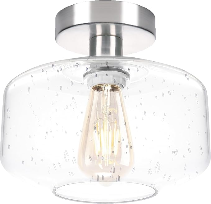Semi Flush Mount Ceiling Lights, Industrial Ceiling Light, Glass Pendant Lamp Shade,11.8'' Inches Pendant Light Fixtures for Hallway, Entryway, Farmhouse, Kitchen (Seeded Glass)