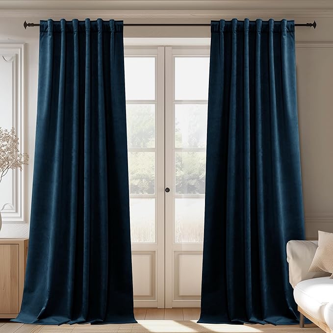 StangH Navy Blue Curtains for Living Room 108 inches Long, Soft Thick Velvet Blackout Soundproof Window Door Panels Back Tab Hook Belt Home Decor for Bedroom, W52 x L108, 2 Panels