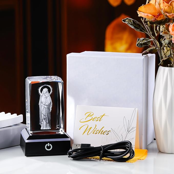 Movdyka Virgin Mary Statue Night Light - 3D Laser Engraved Madonna and Child Crystal Cube with Color-Changing LED Base | Catholic Gifts for Women & Men