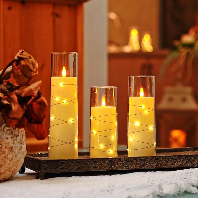 Raycare Flameless LED Candles with Embedded Star String, 5 Pcs Battery Operated Acrylic Pillar Candles with Timer and Remote, Flickering Candle for Romantic Ambiance and Home Decoration(Ivory)