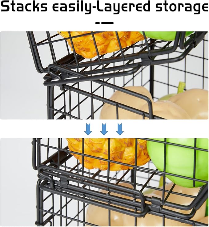 X-cosrack 2-Tier Stackable Wire Baskets with Wood Lids, Fruit Basket for Kitchen Counter, Wall-mounted Baskets for Potato and Onion Storage, Metal Baskets for Snack Produce Cans