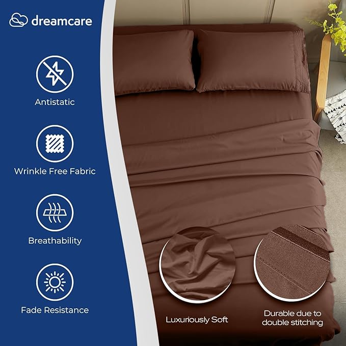 DREAMCARE Twin XL Sheets Set - 4 Pcs Cooling Bed Sheets with Up to 15" Deep Pockets - Soft, Long-Lasting 100% Brushed Polyester with Side Pocket (Mocha Brown)