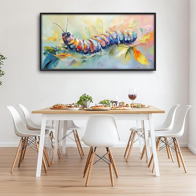 Extra Large Framed Abstract Caterpillar Wall Art,Colorful Cute Caterpillar Leaves Wall Decor Pictures for Living Room,Canvas Print Painting Modern Artwork Bedroom Office Bathroom 60L x30W