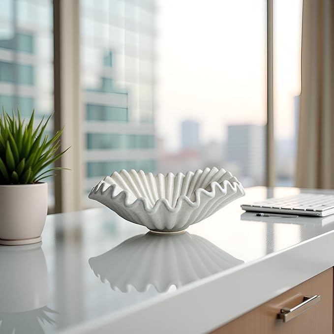 Large Decorative Bowl decor, Scalloped Pedestal Bowls for Modern Home Decor,Ruffle Decor,Stylish Key Bowl for Entry Table,Decorative Fruit Bowl for Kitchen Counter, Light Gray