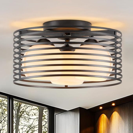 Modern Industrial Matte Black Round Semi Flush Mount Ceiling Light Fixture,Close to Ceiling Lamp Lighting Fixtures With Globe Milk Glass Cover,for Kitchen Master Bedroom Living room Hallway(12.79 in)