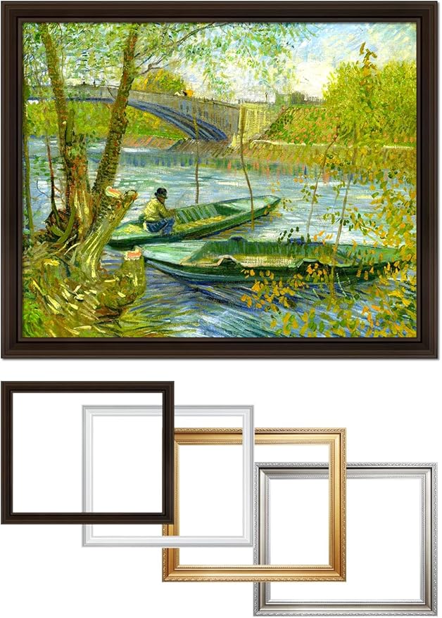 DECORARTS - Fishermen And Boats From The Pont De Clichy, Vincent Van Gogh Art Reproduction. Acid Free Cotton Canvas Giclee Print w/Bronze Frame&Mat for Wall Decor.
