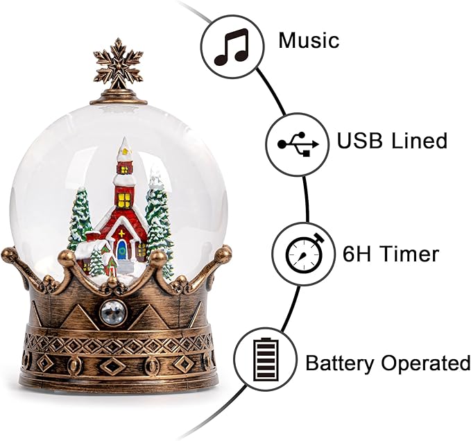 Christmas Snow Globe Lantern Water Glittering Churche Crown with Music, USB Lined/Battery Operated Lighted Lantern for Christmas Festival Decoration Gifts