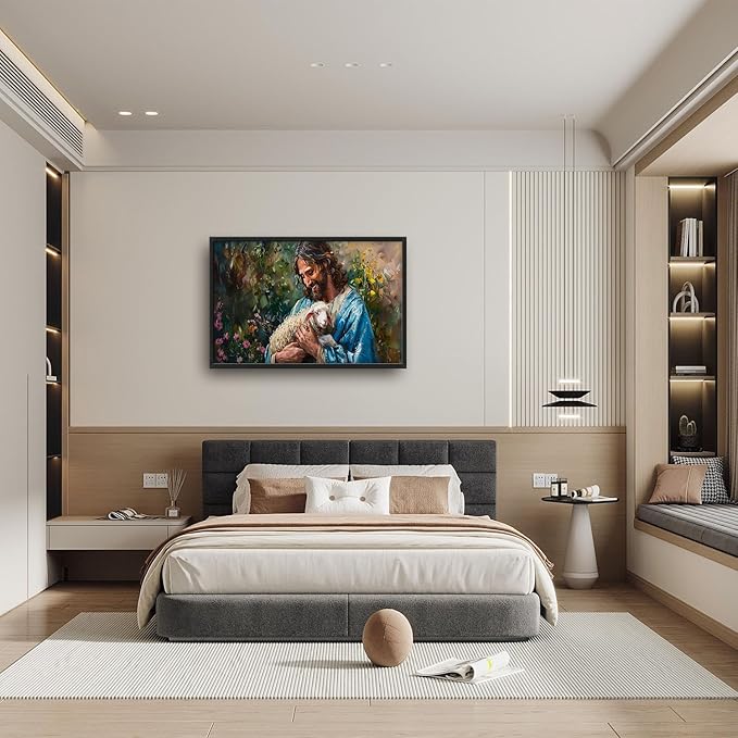 Flintis Large Jesus and Lamb Wall Art Christian Jesus Portrait Pictures Wall Decor Religion Canvas Painting Print Artwork Decoration Framed for Living Room Bathroom Master Bedroom Office 36L x 24W